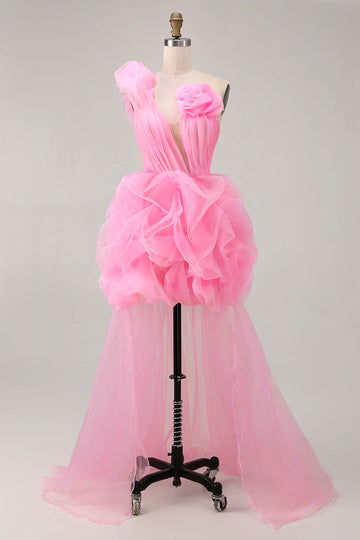 Chic Hot Pink High-Low Ruffled Homecoming Dress with 3D Flowers